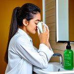 Natural Skincare Routine**

"A fully clothed woman with healthy, glowing skin is gently washing her face at a bathroom sink, modest attire, surrounded by natural skincare products (aloe vera cleanser, rosewater toner, jojoba oil), safe for work, appropriate content, perfect anatomy, natural pose, professional skincare photography, bright natural lighting."

**