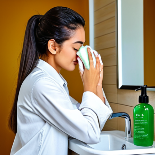 Natural Skincare Routine**

"A fully clothed woman with healthy, glowing skin is gently washing her face at a bathroom sink, modest attire, surrounded by natural skincare products (aloe vera cleanser, rosewater toner, jojoba oil), safe for work, appropriate content, perfect anatomy, natural pose, professional skincare photography, bright natural lighting."

**