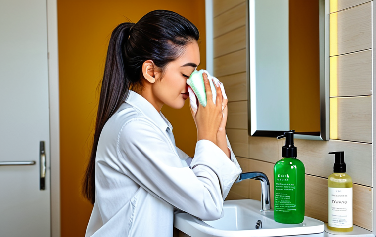Natural Skincare Routine**

"A fully clothed woman with healthy, glowing skin is gently washing her face at a bathroom sink, modest attire, surrounded by natural skincare products (aloe vera cleanser, rosewater toner, jojoba oil), safe for work, appropriate content, perfect anatomy, natural pose, professional skincare photography, bright natural lighting."

**