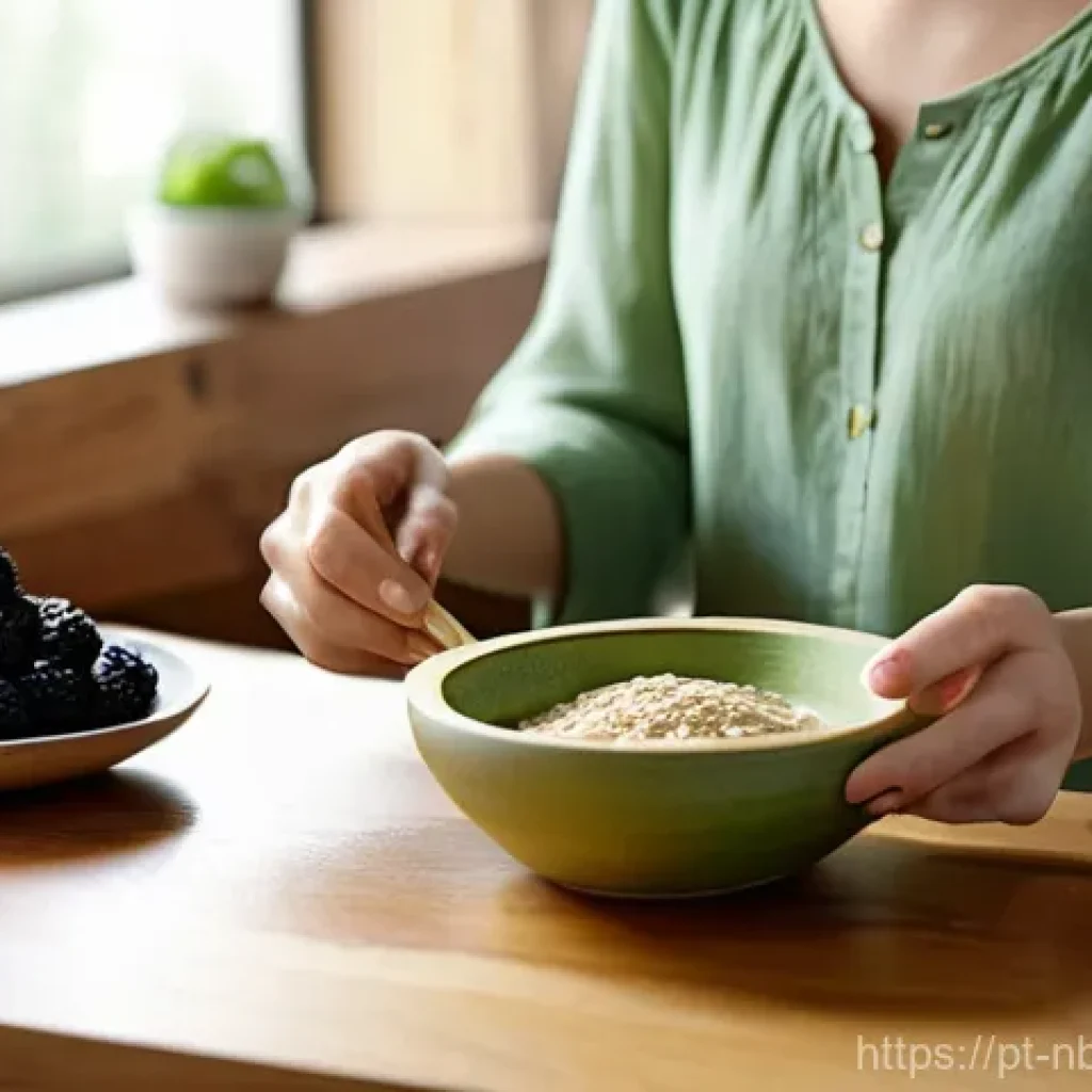 천연화장품 마스크팩 사용법 - A woman in her late 20s, with a gentle and focused expression, carefully mixing ingredients for a ho...