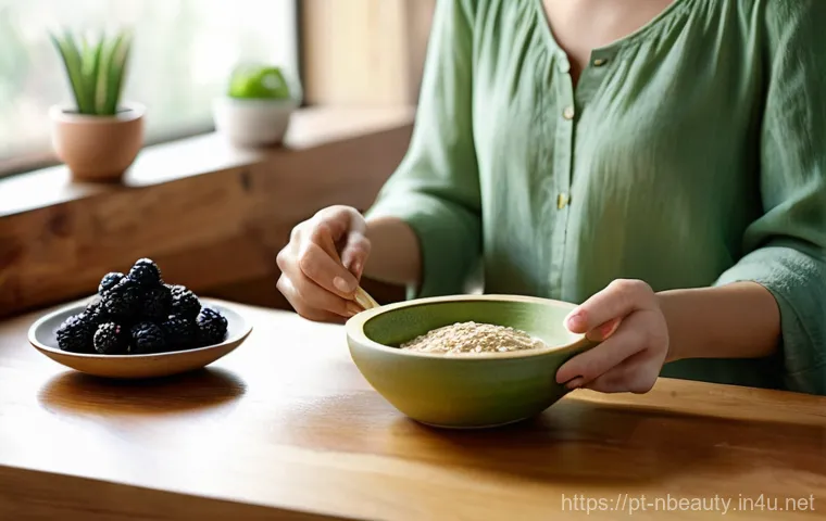 천연화장품 마스크팩 사용법 - A woman in her late 20s, with a gentle and focused expression, carefully mixing ingredients for a ho...