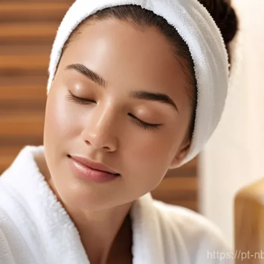 천연화장품 피부타입별 세정력 비교 - **Prompt:** A serene young woman (25-35 years old) with a peaceful expression is gently massaging a ...