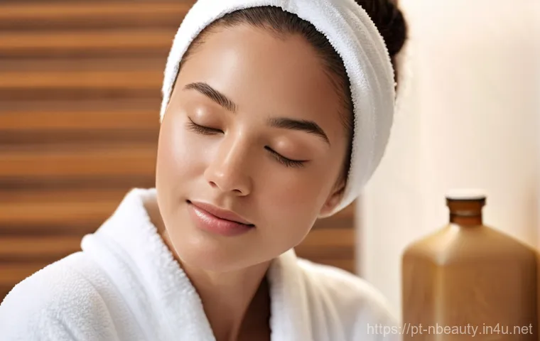 천연화장품 피부타입별 세정력 비교 - **Prompt:** A serene young woman (25-35 years old) with a peaceful expression is gently massaging a ...