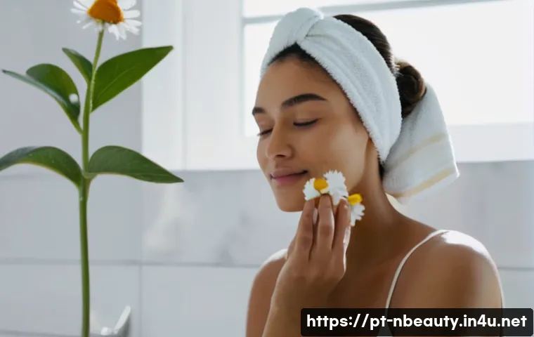 천연화장품 스킨케어 루틴 - A serene young woman, in her early 20s, with clear, fresh skin, gently massaging a natural cleansing...