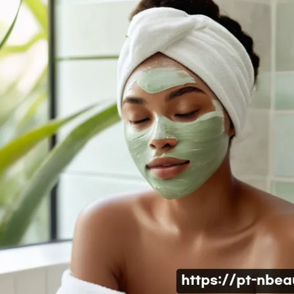 천연화장품 유기농 마스크팩 추천 - A serene spa scene featuring a young woman with clear, glowing skin wearing a white organic cotton h...