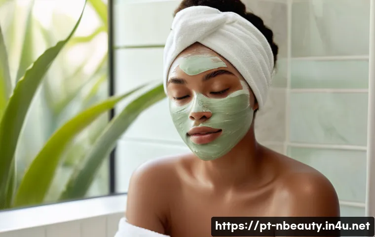 천연화장품 유기농 마스크팩 추천 - A serene spa scene featuring a young woman with clear, glowing skin wearing a white organic cotton h...