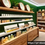 천연화장품 로드샵 브랜드 추천 - A bright and inviting Brazilian natural cosmetics store interior, showcasing sustainable product dis...