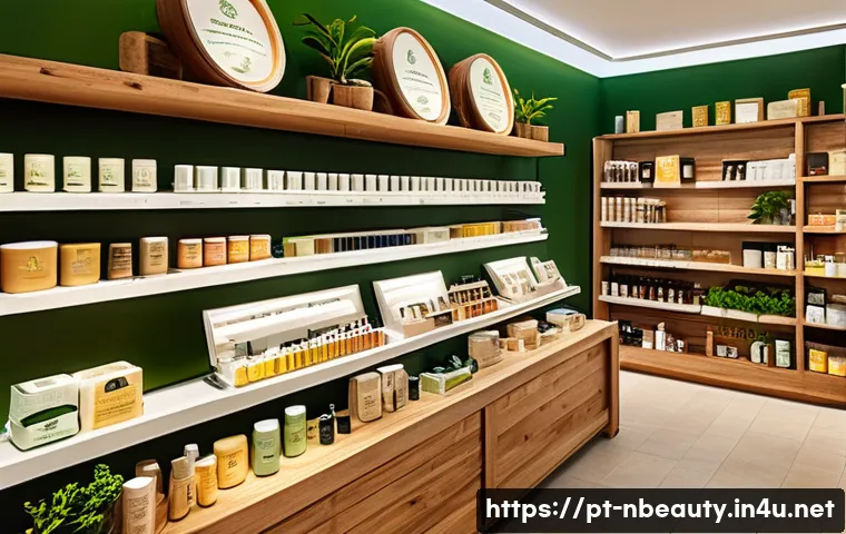 천연화장품 로드샵 브랜드 추천 - A bright and inviting Brazilian natural cosmetics store interior, showcasing sustainable product dis...