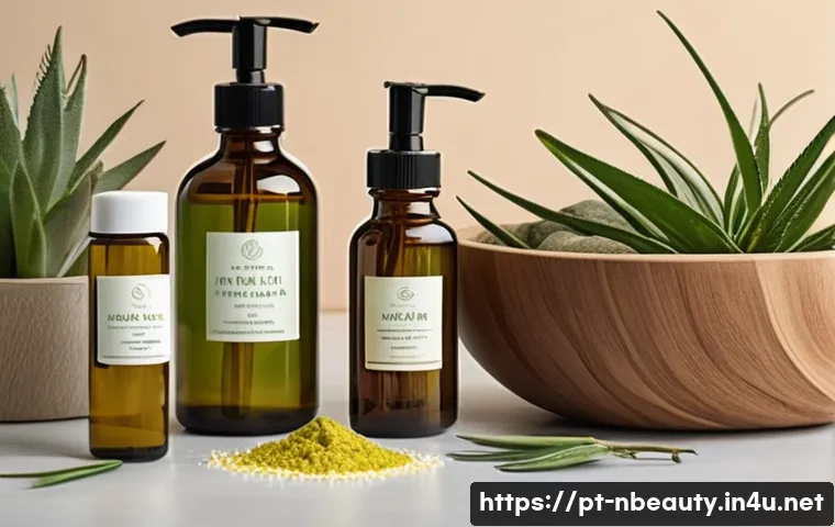 천연화장품과 일반 화장품의 성능 비교 - A serene, sunlit spa setting showcasing natural skincare products made from plants, minerals, and bo...
