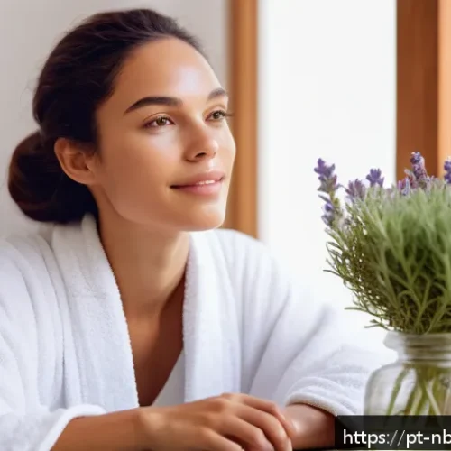 천연화장품 아로마테라피 활용법 - A serene spa scene featuring a young Brazilian woman with clear, hydrated skin applying a lavender-i...