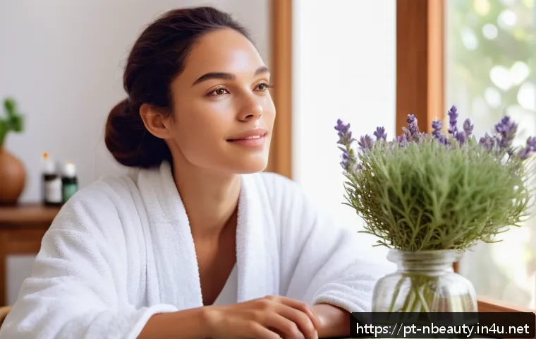 천연화장품 아로마테라피 활용법 - A serene spa scene featuring a young Brazilian woman with clear, hydrated skin applying a lavender-i...