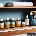 천연화장품 유통기한 연장 방법 - A cozy, well-organized bathroom shelf scene featuring natural cosmetic products stored in ventilated...