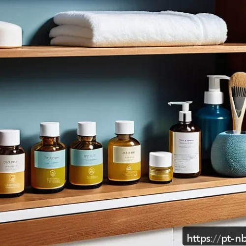천연화장품 유통기한 연장 방법 - A cozy, well-organized bathroom shelf scene featuring natural cosmetic products stored in ventilated...