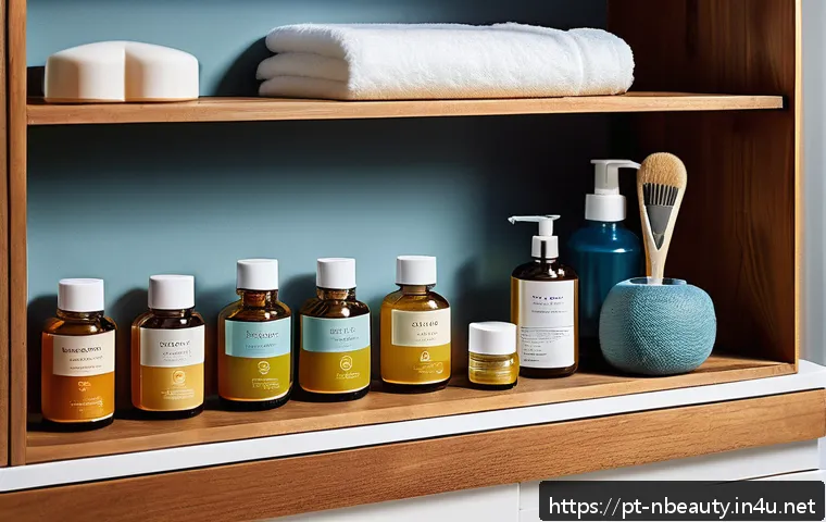 천연화장품 유통기한 연장 방법 - A cozy, well-organized bathroom shelf scene featuring natural cosmetic products stored in ventilated...