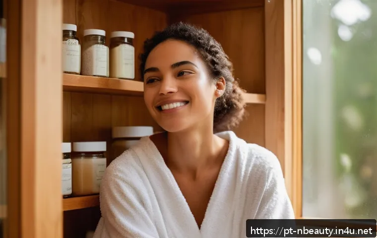 천연화장품 각질 제거 효과 - A serene bathroom scene featuring a young adult woman with clear, glowing skin gently applying a hom...