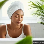 천연화장품 브랜드별 특징 - A serene skincare scene featuring a woman with clear, hydrated skin applying a lightweight, natural ...