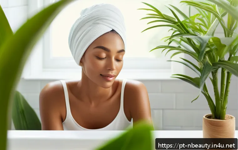 천연화장품 브랜드별 특징 - A serene skincare scene featuring a woman with clear, hydrated skin applying a lightweight, natural ...