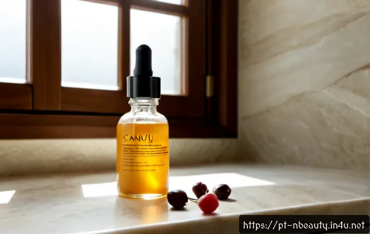 천연화장품 미백 효과 성분 - Photorealistic Brazilian natural skincare still life, a sunlit bathroom vanity with unlabeled froste...