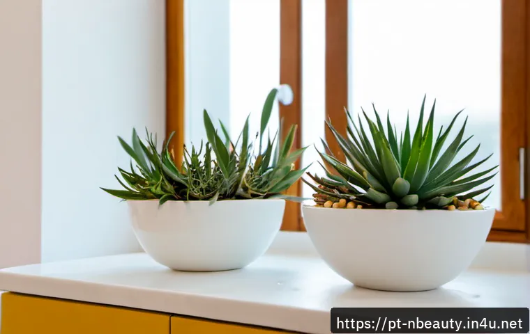 Home 17 천연화장품과 한방화장품의 성분 차이 - Photorealistic comparison scene on a bright Portuguese bathroom vanity: two unlabeled skincare jars ...