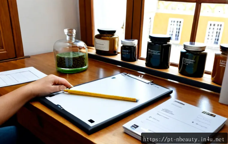 Home 17 천연화장품 화장품 법률 가이드 - Photorealistic natural cosmetics legal compliance workspace in Portugal, an organized wooden desk wi...