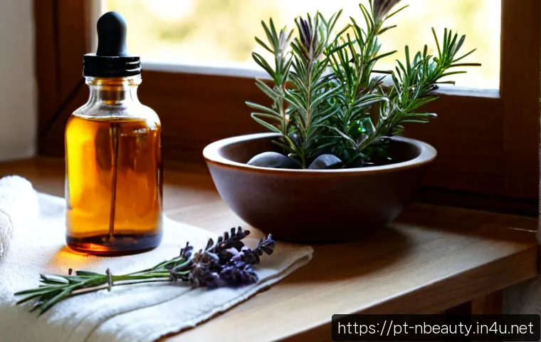 Home 17 천연화장품 아로마 성분 효능 - Photorealistic close-up of a natural skincare ritual on a sunlit wooden vanity: unbranded amber glas...
